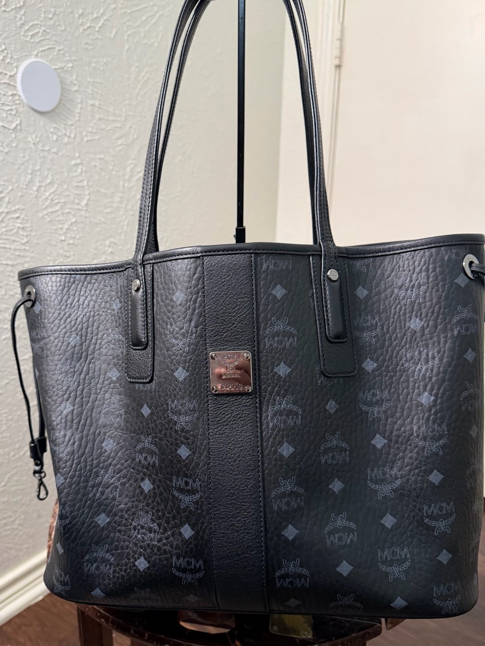 MCM Black Monogram Canvas Leather Tote Bag